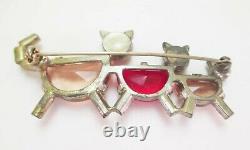 Vintage Art Deco Czech 3 Cats Pin Brooch Open Back Glass Rhinestones Multi Color