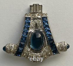 Vintage Art Deco Derosa Dress Clip Blue Rhinestone Sapphire Glass Cabochons Rare