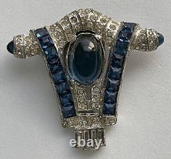 Vintage Art Deco Derosa Dress Clip Blue Rhinestone Sapphire Glass Cabochons Rare