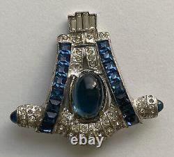 Vintage Art Deco Derosa Dress Clip Blue Rhinestone Sapphire Glass Cabochons Rare