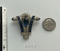 Vintage Art Deco Derosa Dress Clip Blue Rhinestone Sapphire Glass Cabochons Rare