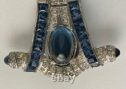 Vintage Art Deco Derosa Dress Clip Blue Rhinestone Sapphire Glass Cabochons Rare