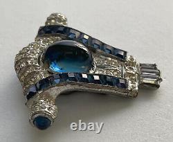 Vintage Art Deco Derosa Dress Clip Blue Rhinestone Sapphire Glass Cabochons Rare