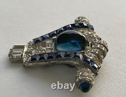 Vintage Art Deco Derosa Dress Clip Blue Rhinestone Sapphire Glass Cabochons Rare