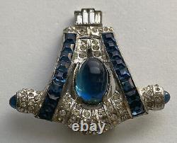 Vintage Art Deco Derosa Dress Clip Blue Rhinestone Sapphire Glass Cabochons Rare