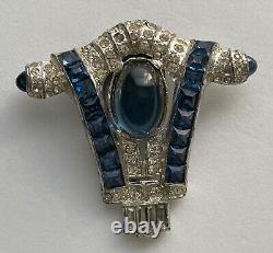 Vintage Art Deco Derosa Dress Clip Blue Rhinestone Sapphire Glass Cabochons Rare