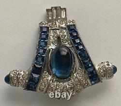 Vintage Art Deco Derosa Dress Clip Blue Rhinestone Sapphire Glass Cabochons Rare