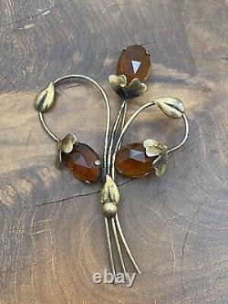 Vintage Art Deco Flower Brooch Large Sterling Flower Rhinestones Estate Pin for