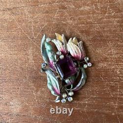 Vintage Art Deco Flower Floral Rhinestone Brooch Pin