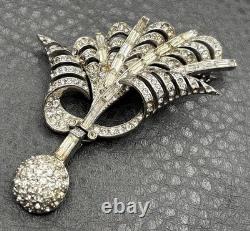Vintage Art Deco High End Silver Tone Rhinestone Brooch Pin Dangle Ball READ