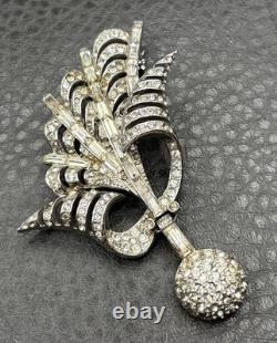 Vintage Art Deco High End Silver Tone Rhinestone Brooch Pin Dangle Ball READ