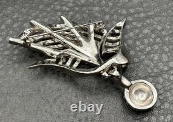 Vintage Art Deco High End Silver Tone Rhinestone Brooch Pin Dangle Ball READ
