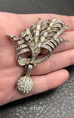 Vintage Art Deco High End Silver Tone Rhinestone Brooch Pin Dangle Ball READ