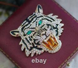 Vintage Art Deco Jewellery Tiger Head Brooch Crystal Rhinestone Antique Jewelry