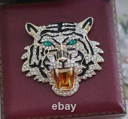 Vintage Art Deco Jewellery Tiger Head Brooch Crystal Rhinestone Antique Jewelry
