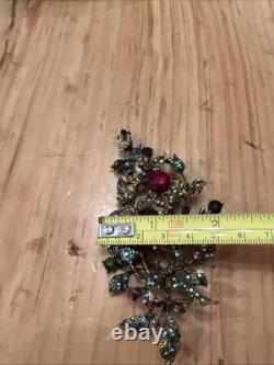 Vintage Art Deco Large Bouquet Flower Brooch Pin Multicolor Rhinestones 4.25