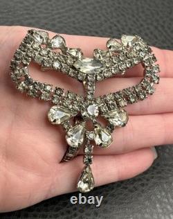 Vintage Art Deco Large Rhinestone Bow Brooch Pin Crystal Dangle Drop High End
