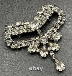 Vintage Art Deco Large Rhinestone Bow Brooch Pin Crystal Dangle Drop High End