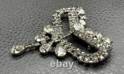 Vintage Art Deco Large Rhinestone Bow Brooch Pin Crystal Dangle Drop High End
