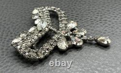 Vintage Art Deco Large Rhinestone Bow Brooch Pin Crystal Dangle Drop High End