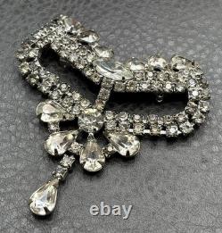 Vintage Art Deco Large Rhinestone Bow Brooch Pin Crystal Dangle Drop High End