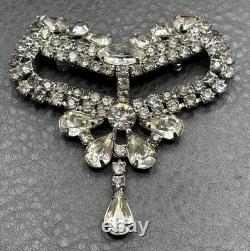 Vintage Art Deco Large Rhinestone Bow Brooch Pin Crystal Dangle Drop High End
