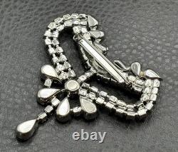 Vintage Art Deco Large Rhinestone Bow Brooch Pin Crystal Dangle Drop High End