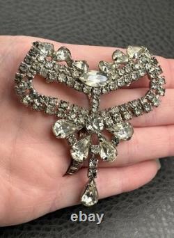 Vintage Art Deco Large Rhinestone Bow Brooch Pin Crystal Dangle Drop High End