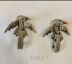 Vintage Art Deco Pave Rhinestone Metal Bird Duo Brooches 1.5 Estate Sale WOW