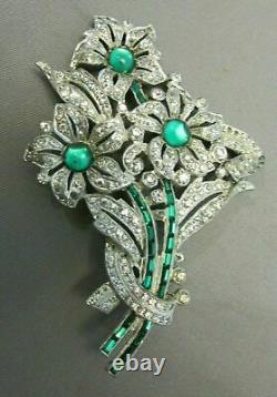 Vintage Art Deco Rhinestone Flower Brooch Figural Jewelry Paste Green & Clear