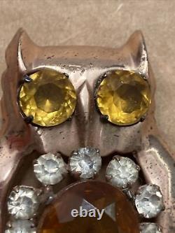 Vintage Art Deco Sterling Silver Jeweled Rhinestone Owl Brooch