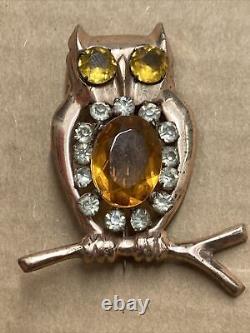 Vintage Art Deco Sterling Silver Jeweled Rhinestone Owl Brooch