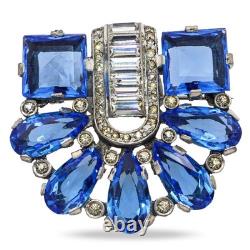 Vintage Art Deco Style Blue Rhinestone & Clear Crystal Fan Brooch