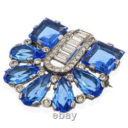 Vintage Art Deco Style Blue Rhinestone & Clear Crystal Fan Brooch