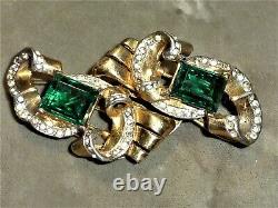 Vintage Art Deco style Coro Craft Sterling Duette Brooch, Emerald & Clear Stones