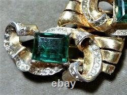 Vintage Art Deco style Coro Craft Sterling Duette Brooch, Emerald & Clear Stones