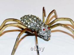 Vintage Art Nouveau Deco 55 Rhinestone Brass/Pewter Spider Brooch Red Eyes