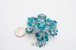 Vintage Austria Brooch Pin Silver Tone Blue Rhinestone