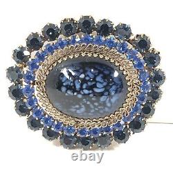 Vintage Austria Brooch With Blue Speckled Cabochon & Rhinestones