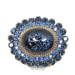 Vintage Austria Brooch With Blue Speckled Cabochon & Rhinestones