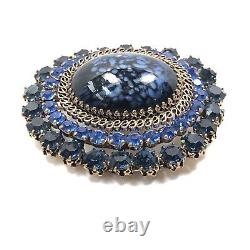 Vintage Austria Brooch With Blue Speckled Cabochon & Rhinestones