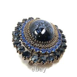 Vintage Austria Brooch With Blue Speckled Cabochon & Rhinestones