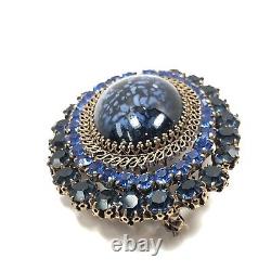 Vintage Austria Brooch With Blue Speckled Cabochon & Rhinestones