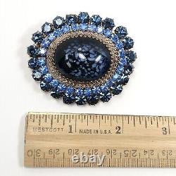 Vintage Austria Brooch With Blue Speckled Cabochon & Rhinestones