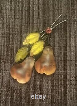 Vintage Austria Double Pears Molded Glass Rhinestone Forbidden Fruit Pin Brooch