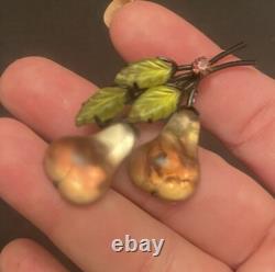 Vintage Austria Double Pears Molded Glass Rhinestone Forbidden Fruit Pin Brooch