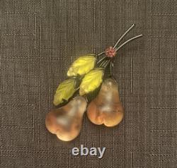 Vintage Austria Double Pears Molded Glass Rhinestone Forbidden Fruit Pin Brooch
