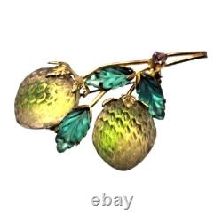 Vintage Austria Fruit Brooch Green Glass Leaves Blush Green Berries Pink Rhinest