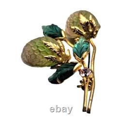 Vintage Austria Fruit Brooch Green Glass Leaves Blush Green Berries Pink Rhinest