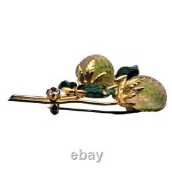 Vintage Austria Fruit Brooch Green Glass Leaves Blush Green Berries Pink Rhinest